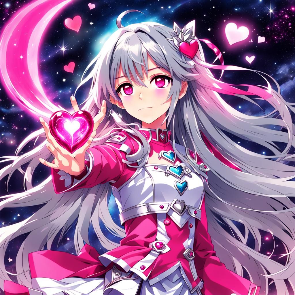 Cosmic Goddess in Anime Style with Silver Heart