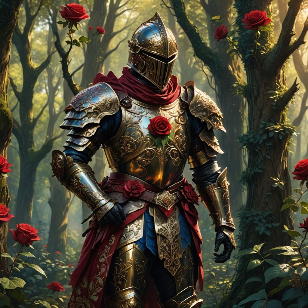 Red Rose Knight in a Mystical Forest