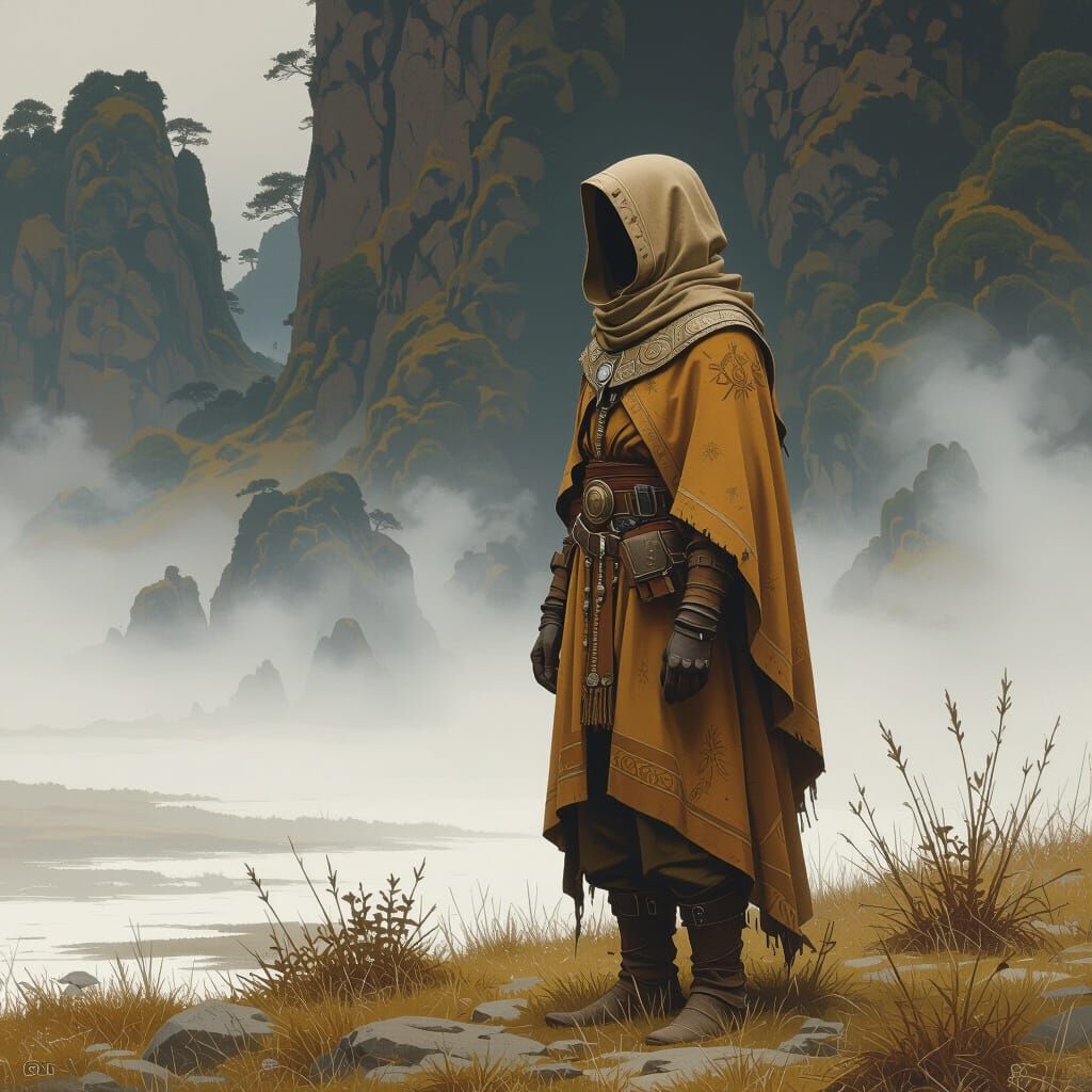 Misty Landscape with Lone Figure in Digital Painting Style