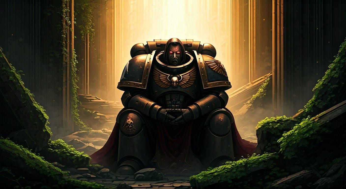 Space Marine Chaplain in War-Torn City, Ethereal Glow