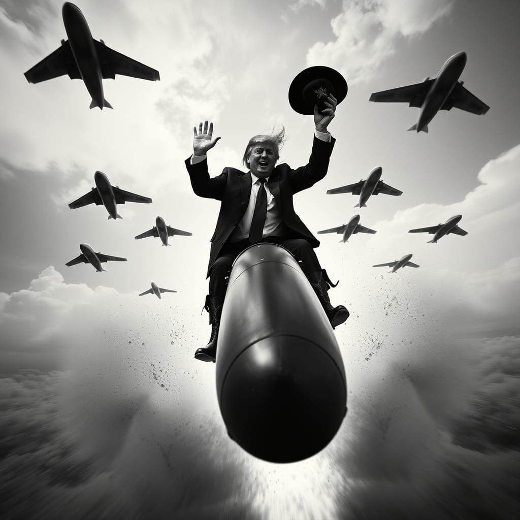 Trump Rides a Bomb in Gritty Black and White