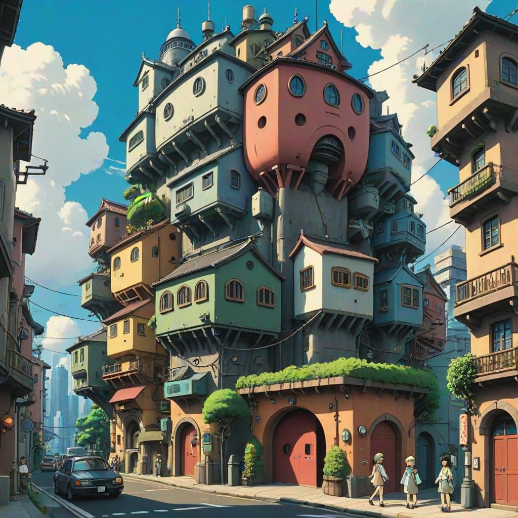 Studio ghibli whimsical urban megastructure