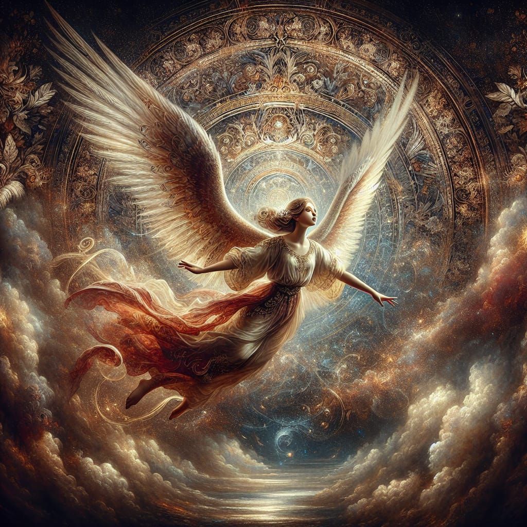 Angelic Descent from Celestial Realm: Photorealistic Digital...