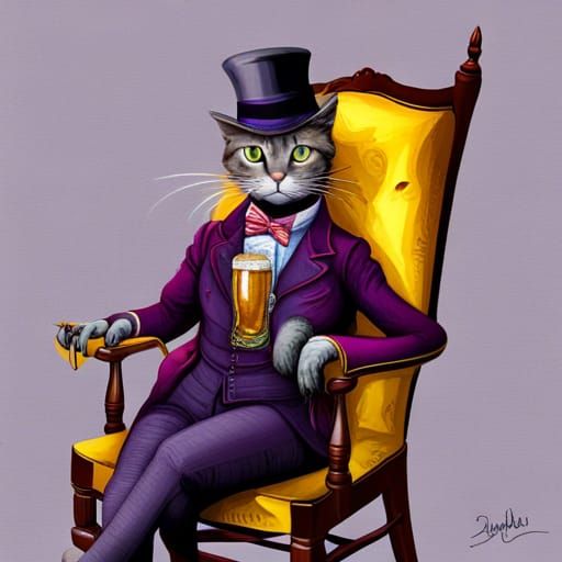 Steampunk Cat Enjoying Beer in Surreal Setting