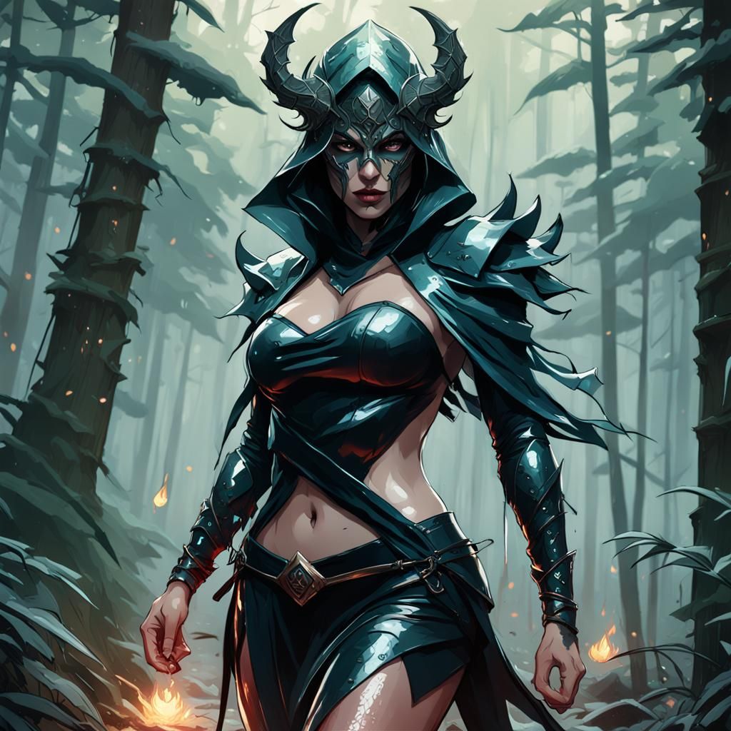 Demon Girl Portrait in Forest, Hyperdetailed Digital Art