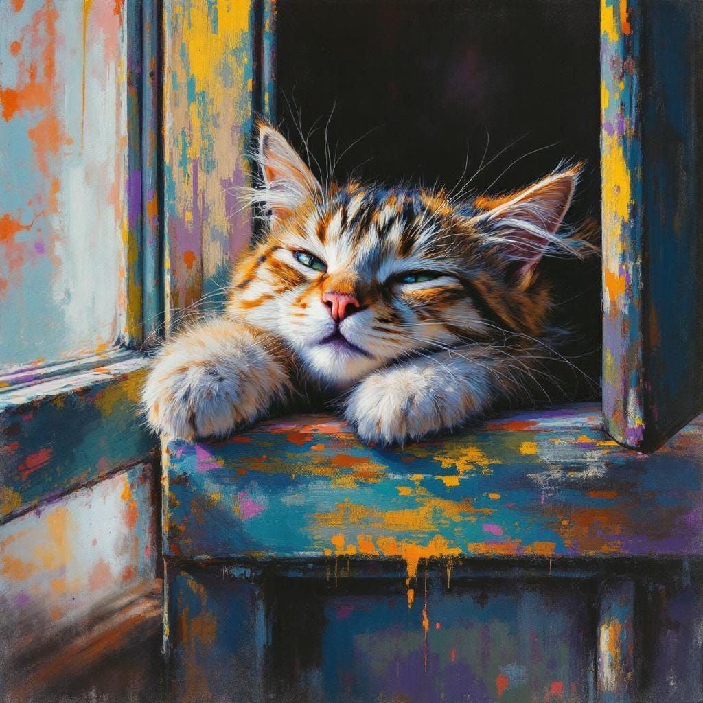 Cat Lounging in Cozy Room as Chalk Art