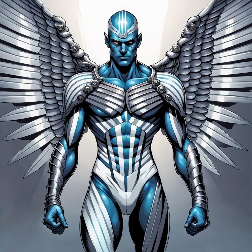 Blue-Skinned Winged Man in Comic Book Art Style