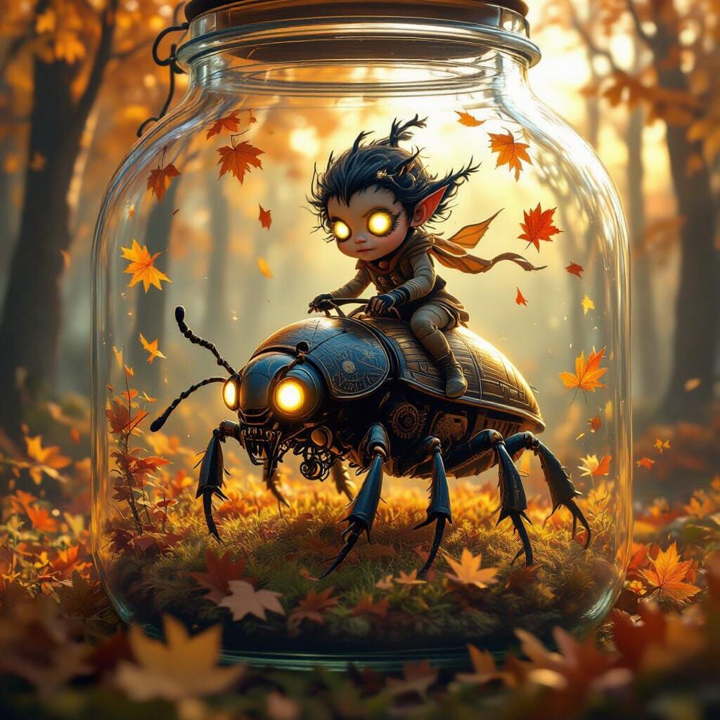 Wisp Child Rides Clockwork Beetle in Autumn Jar