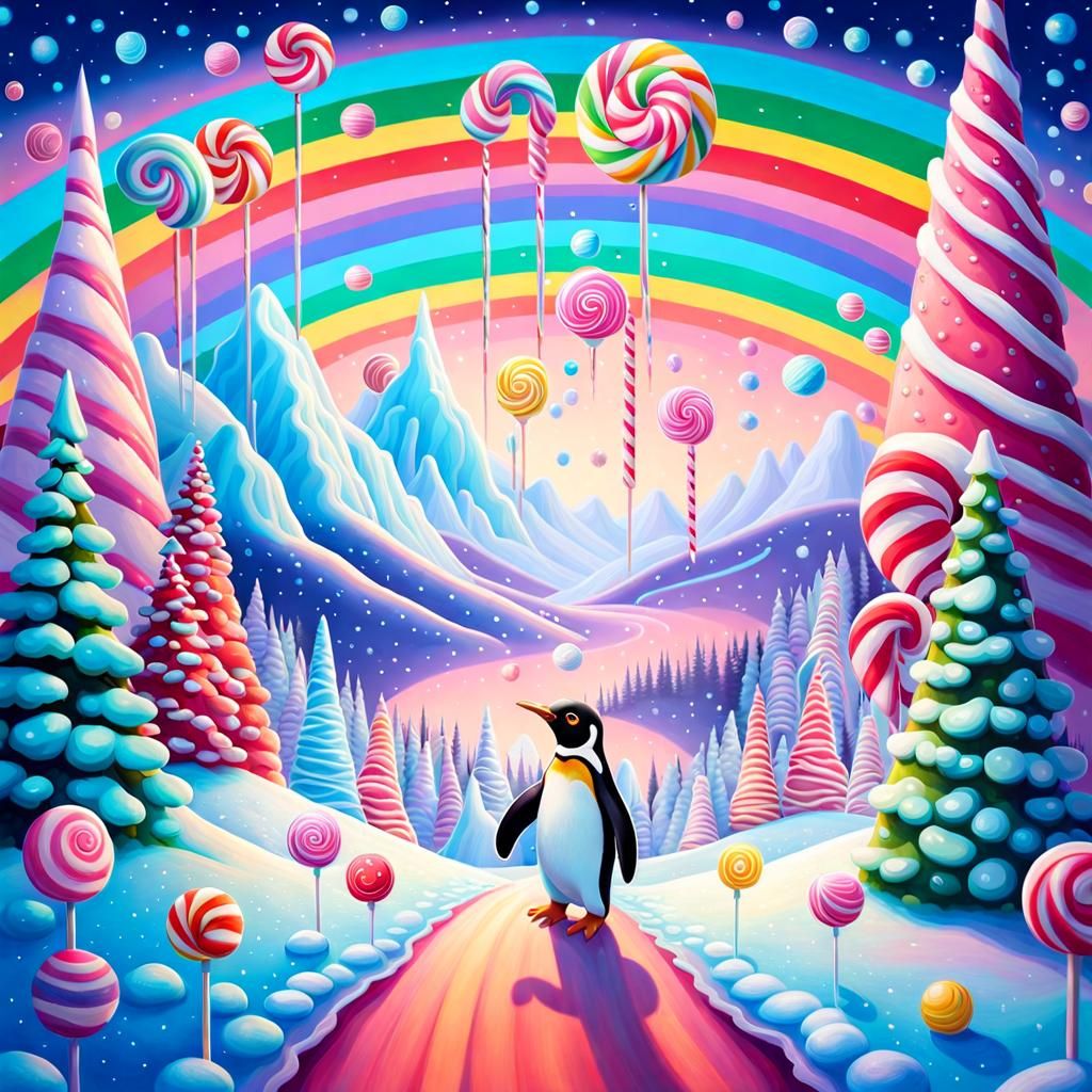 Magical Candy Penguin in Pop Surrealism Style