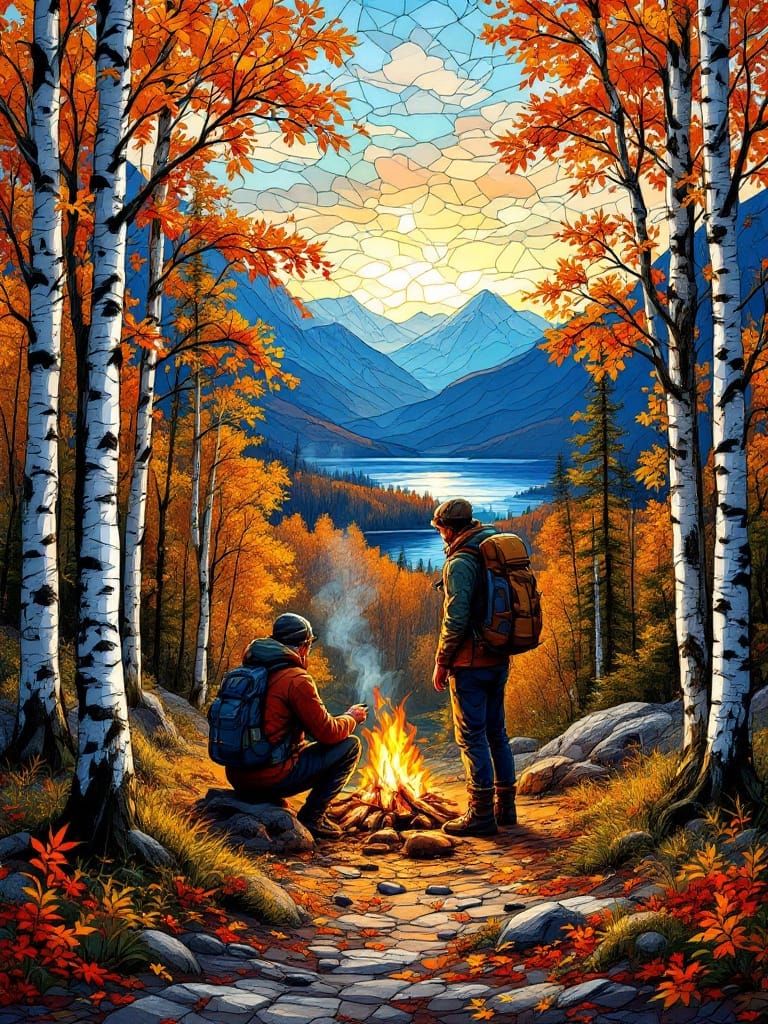 Hiker's Campfire in Stained Glass Style