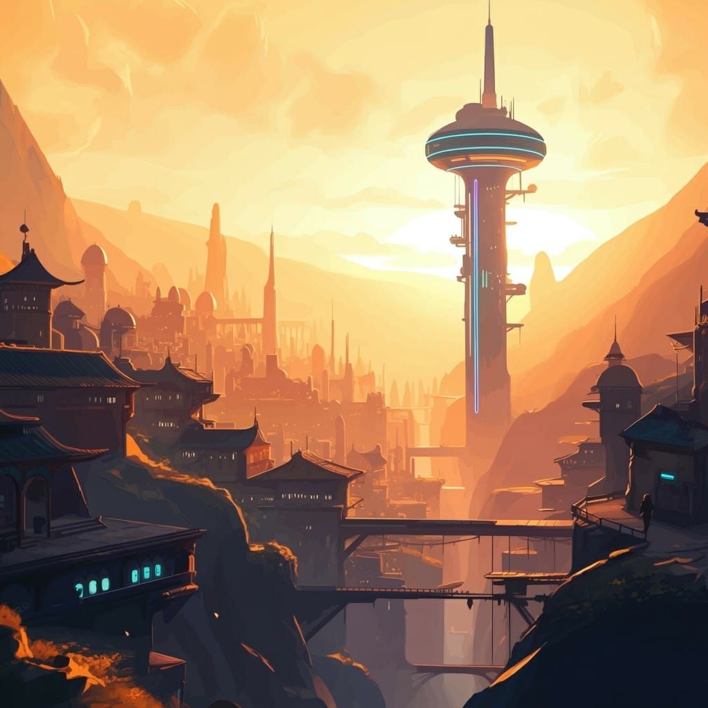 Cyberpunk Tower Over Fantasy Megalopolis in Vector Style