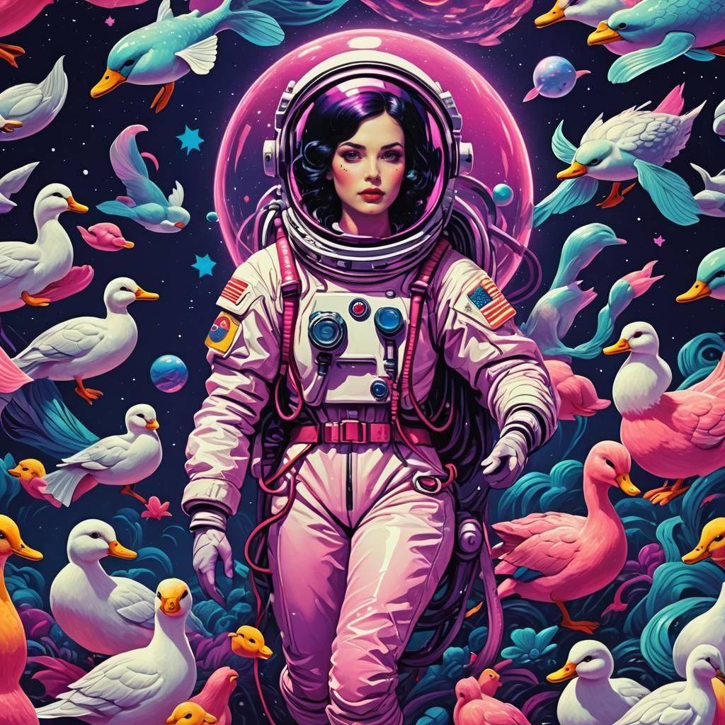 Snow White Space Mermaid Cosmonaut in Synthwave Style
