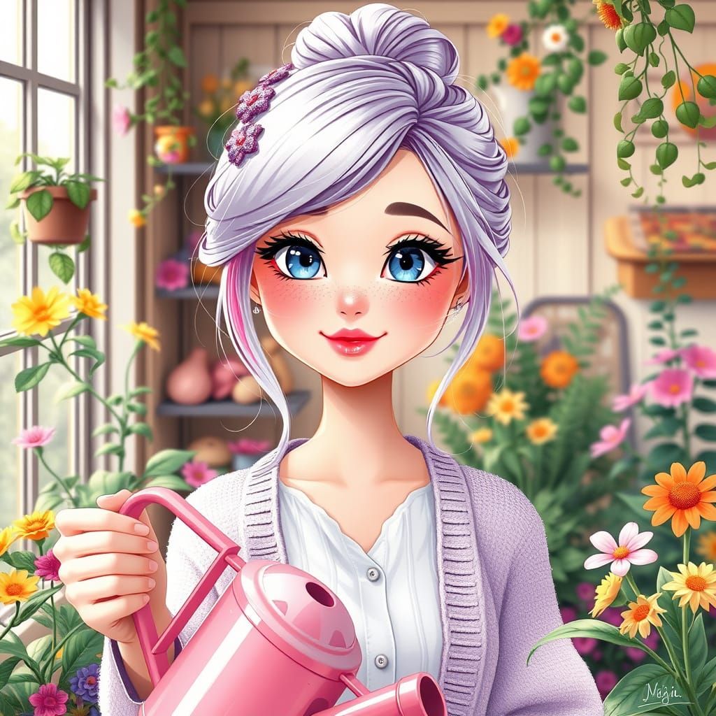 Whimsical Lady in Sunroom: Digital Art Illustration