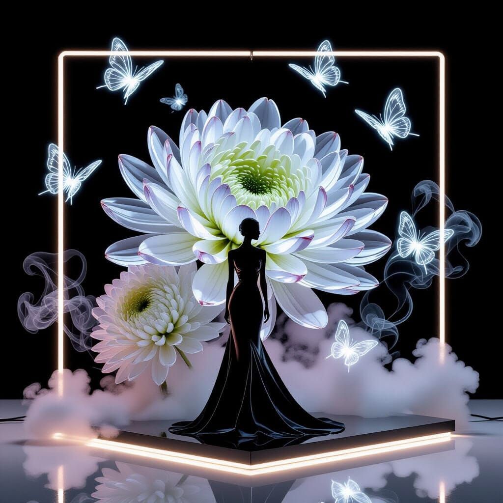 Minimalist Impressionist Installation With Luminous Chrysant...