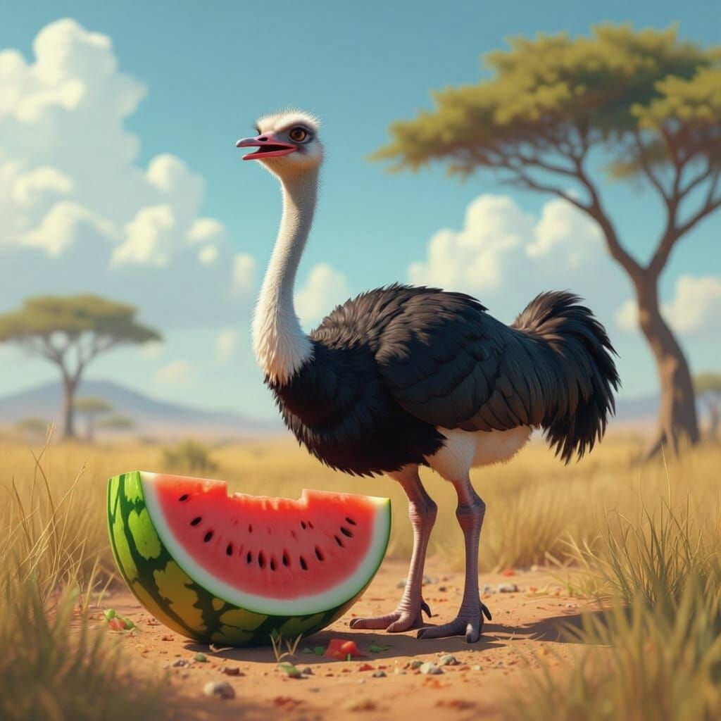 Ostrich Enjoys Watermelon in African Landscape Matte Paintin...