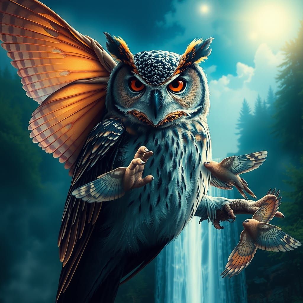 Fantasy Angelfairy Owl Waterfall Double Exposure