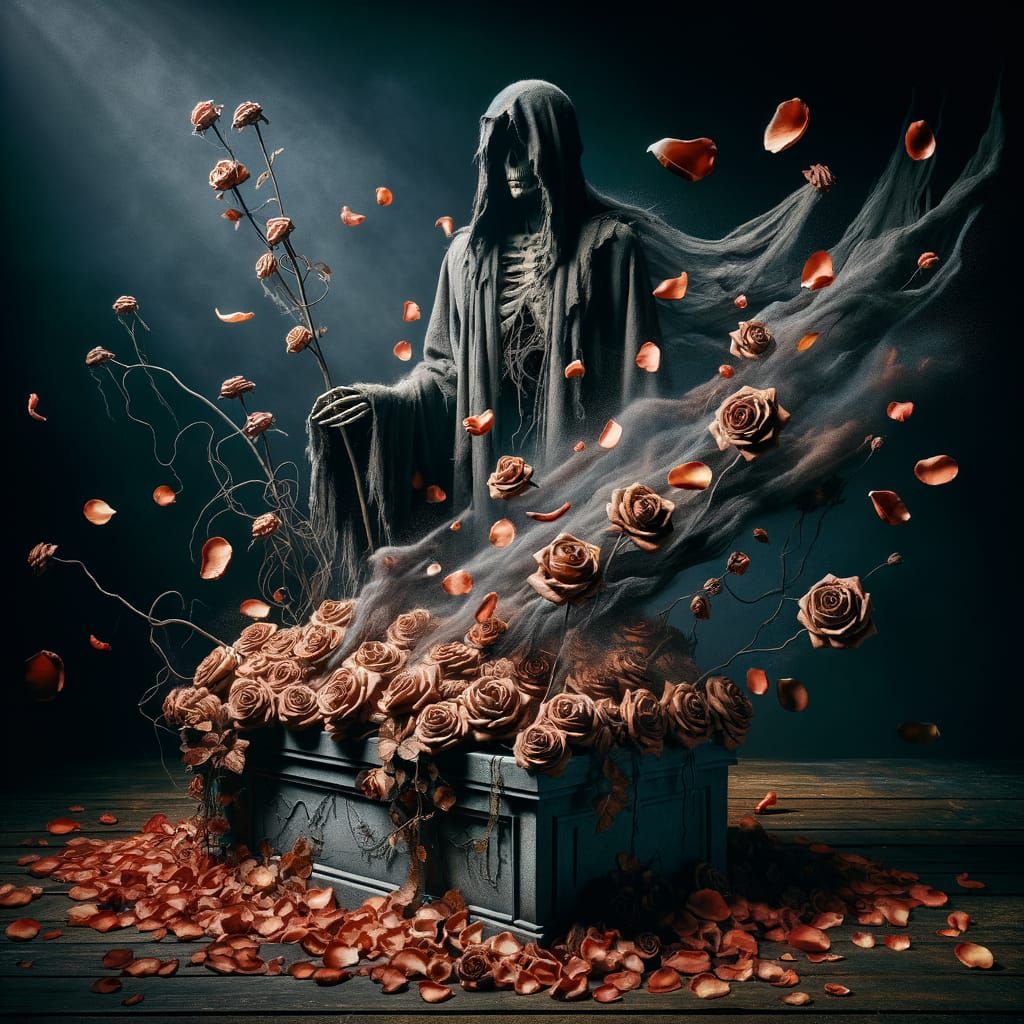 The Grim Reaper Among Wilted Roses in a Dark and Somber Scen...