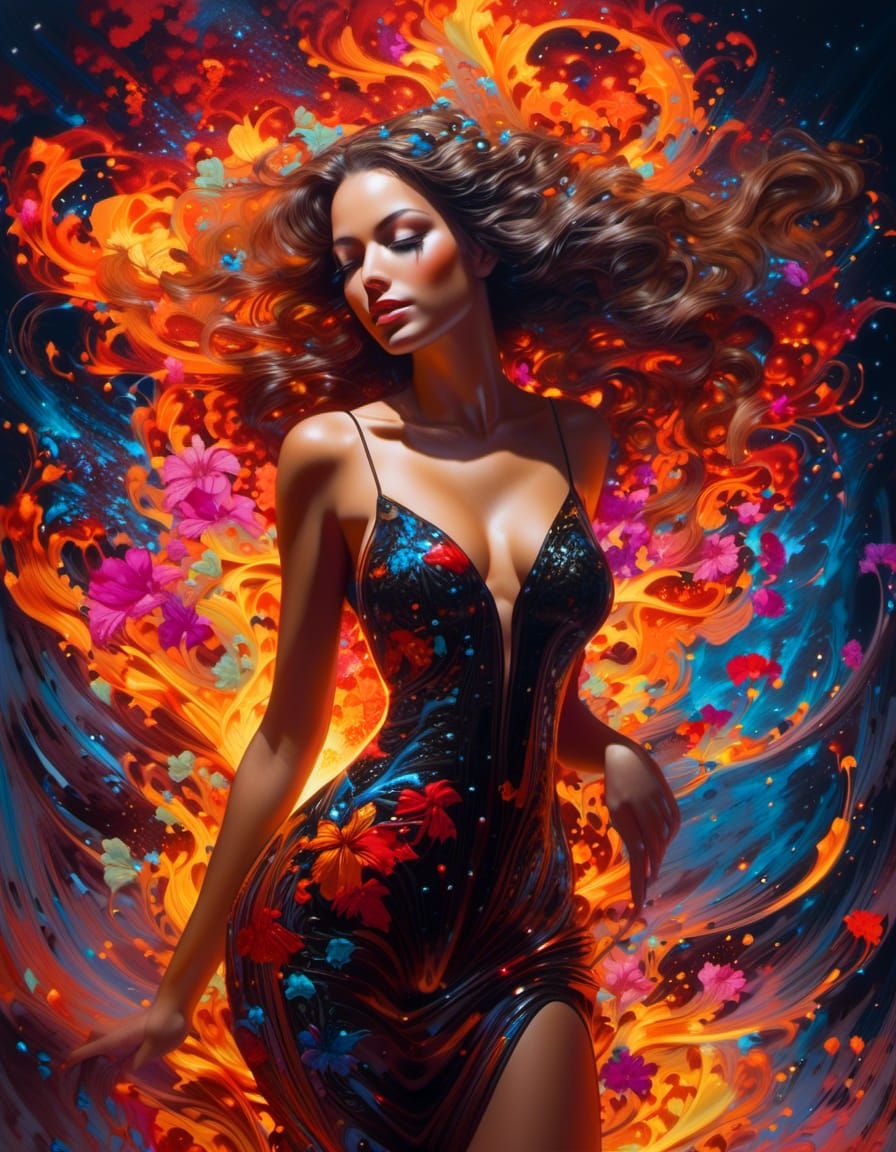 woman of flowers surrealisty, Beautiful woman, Dancing flame...