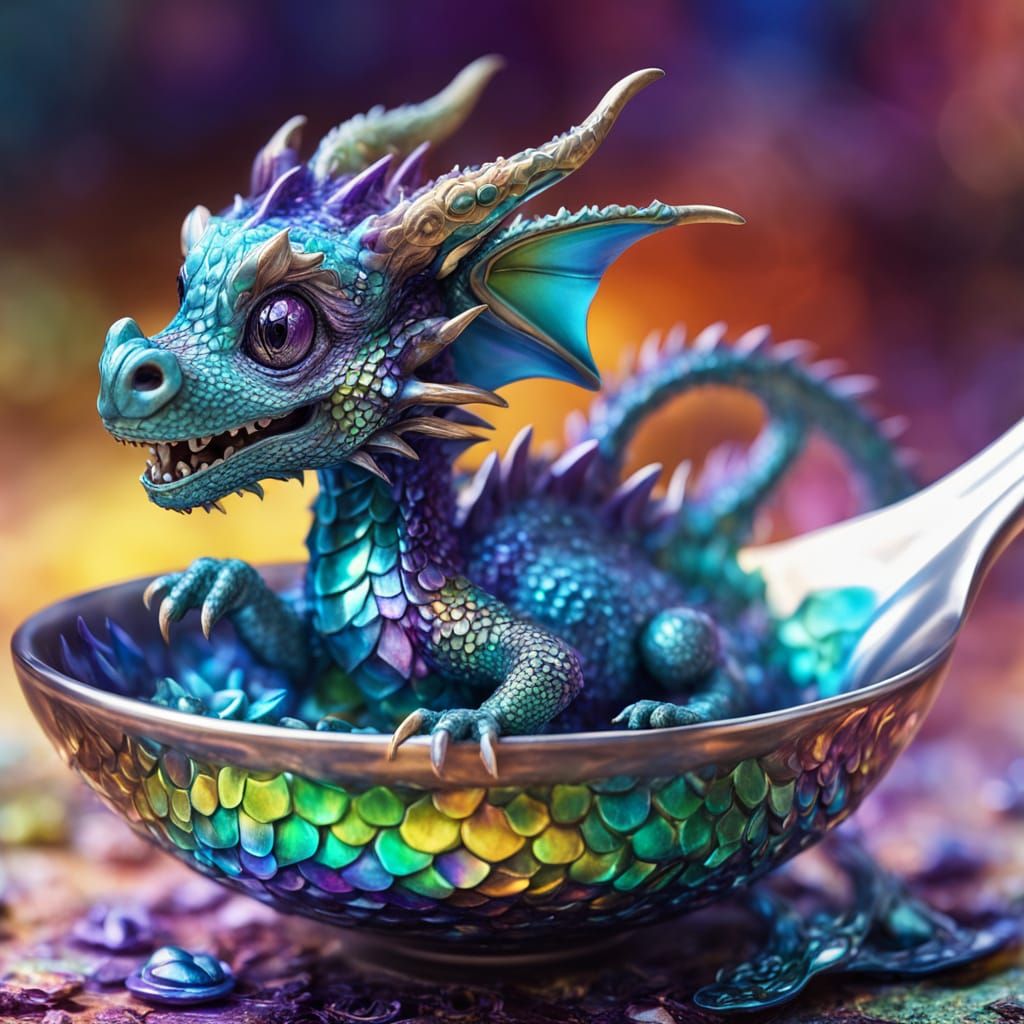 Miniature Dragon in Teaspoon: Hyper-Realistic Digital Art