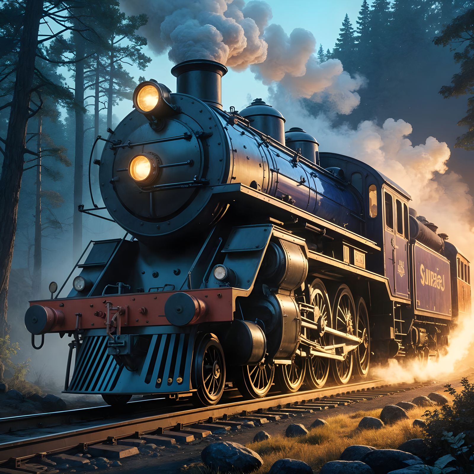 Mystical Locomotive Speeds Through Moonlit Forest in Fantasy...