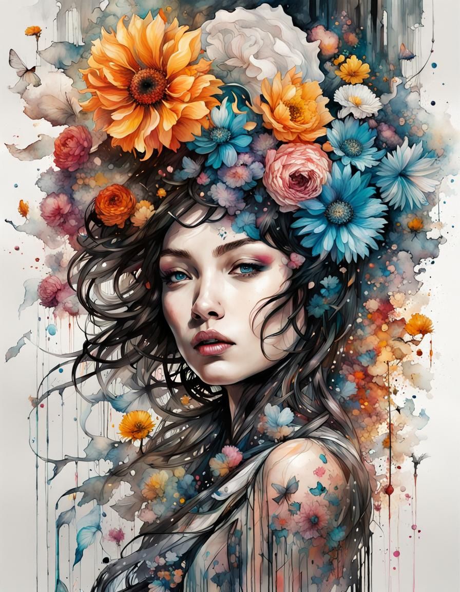 Flower Power Girl in Detailed Gouache Painting