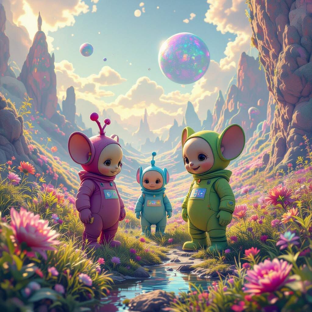 Teletubbies on Alien Planet in Futuristic Style