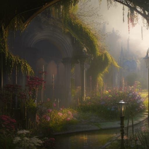 High Gothic Victorian Garden with Lush Flowers