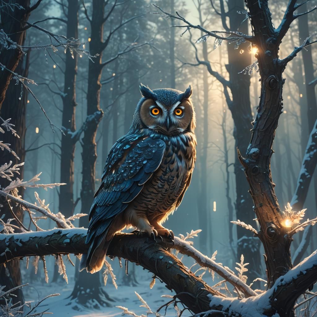 Mystical Owl Perched on Crystal Branch, Digital Art