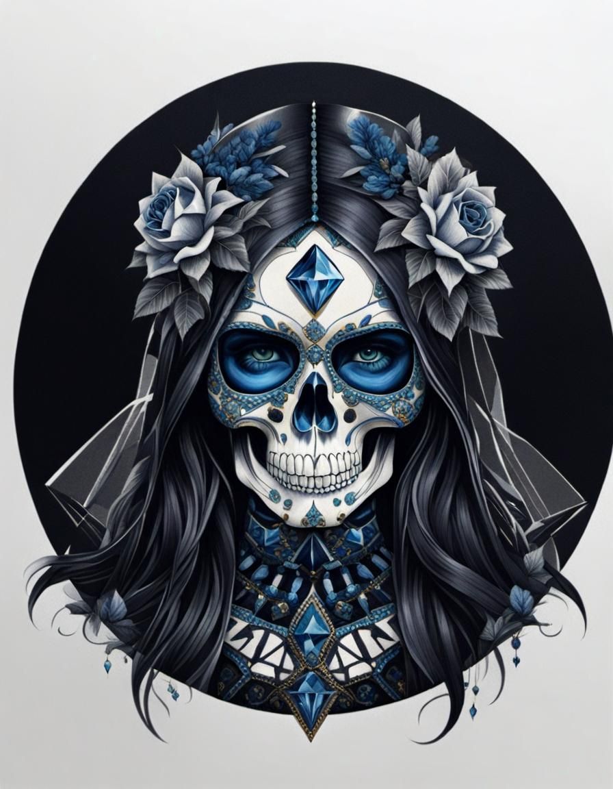 Botanical Skull: Intricate Black, White and Gold Illustratio...