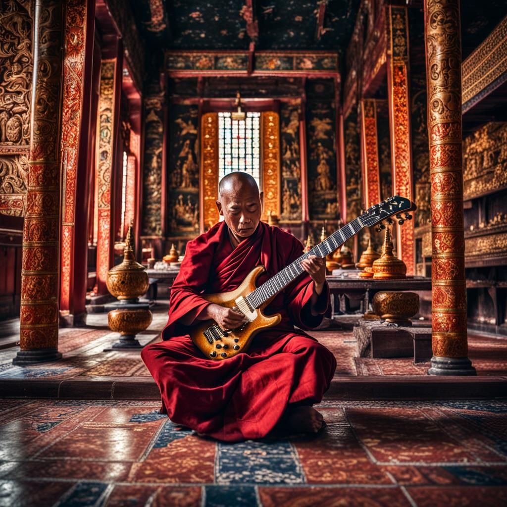 Monk Plays Electric Guitar, Hyperrealistic Image