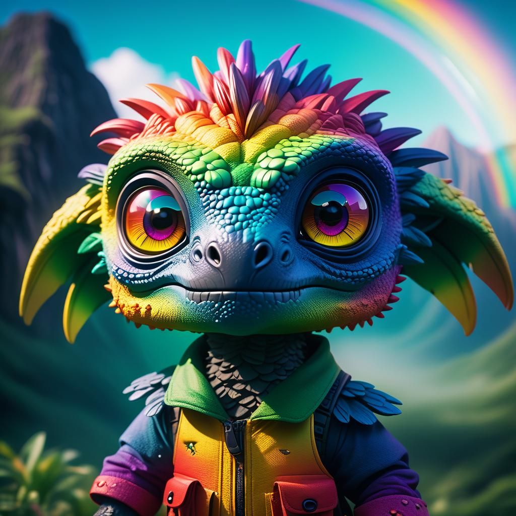 Chibi-Eyed Mythical Creature on Rainbow Holiday