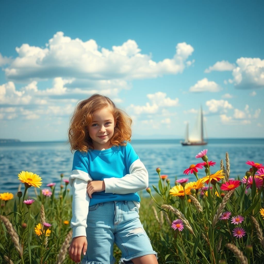 Blond Girl Posing by Lake: Hyperrealistic Matte Painting