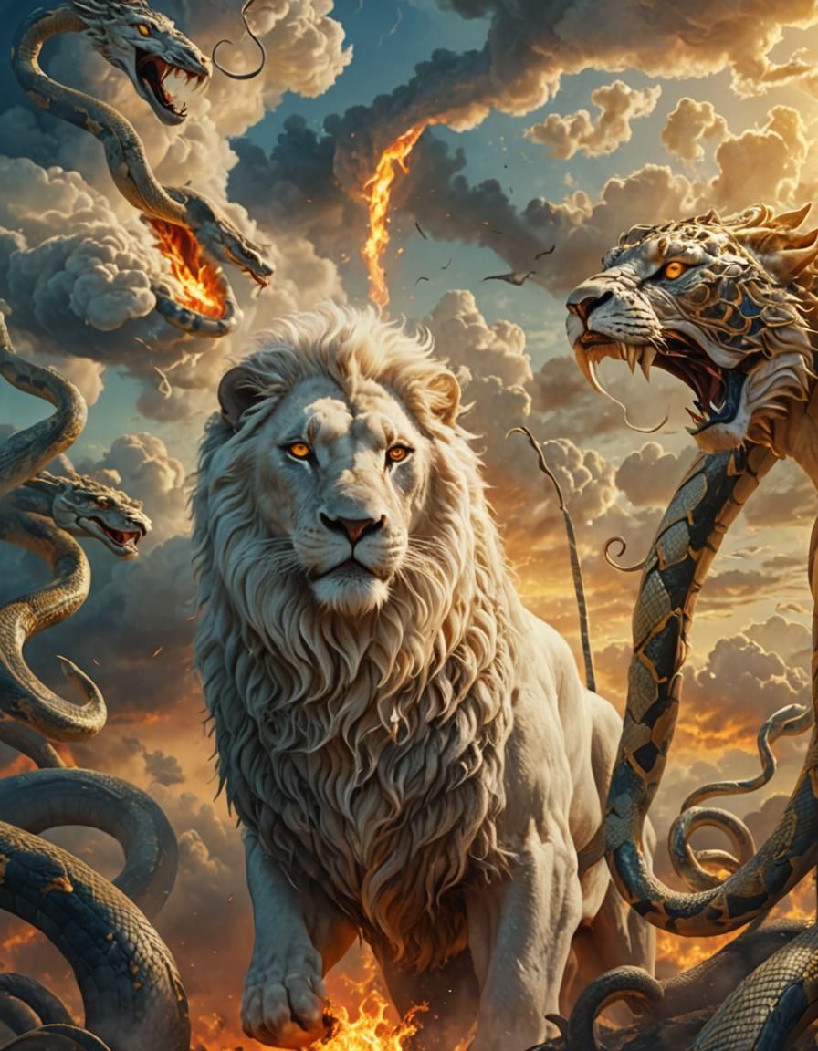 Fiery-Eyed Lion Surrounded by Snakes in Open Sky