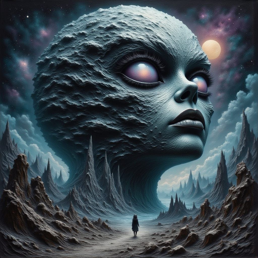 Melancholic Moon Face in Surreal Twilight Landscape