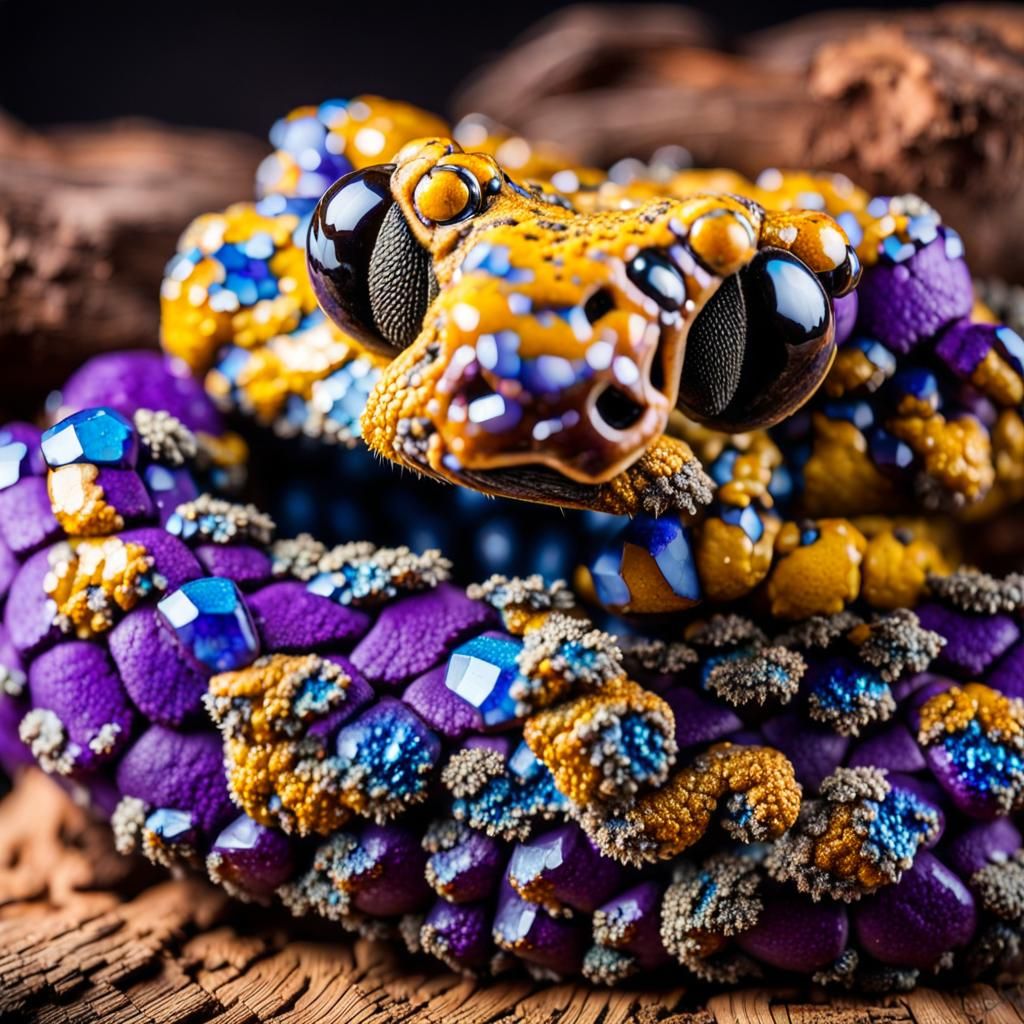 Eyelash Viper Close-Up with Iridescent Mineral Patterns