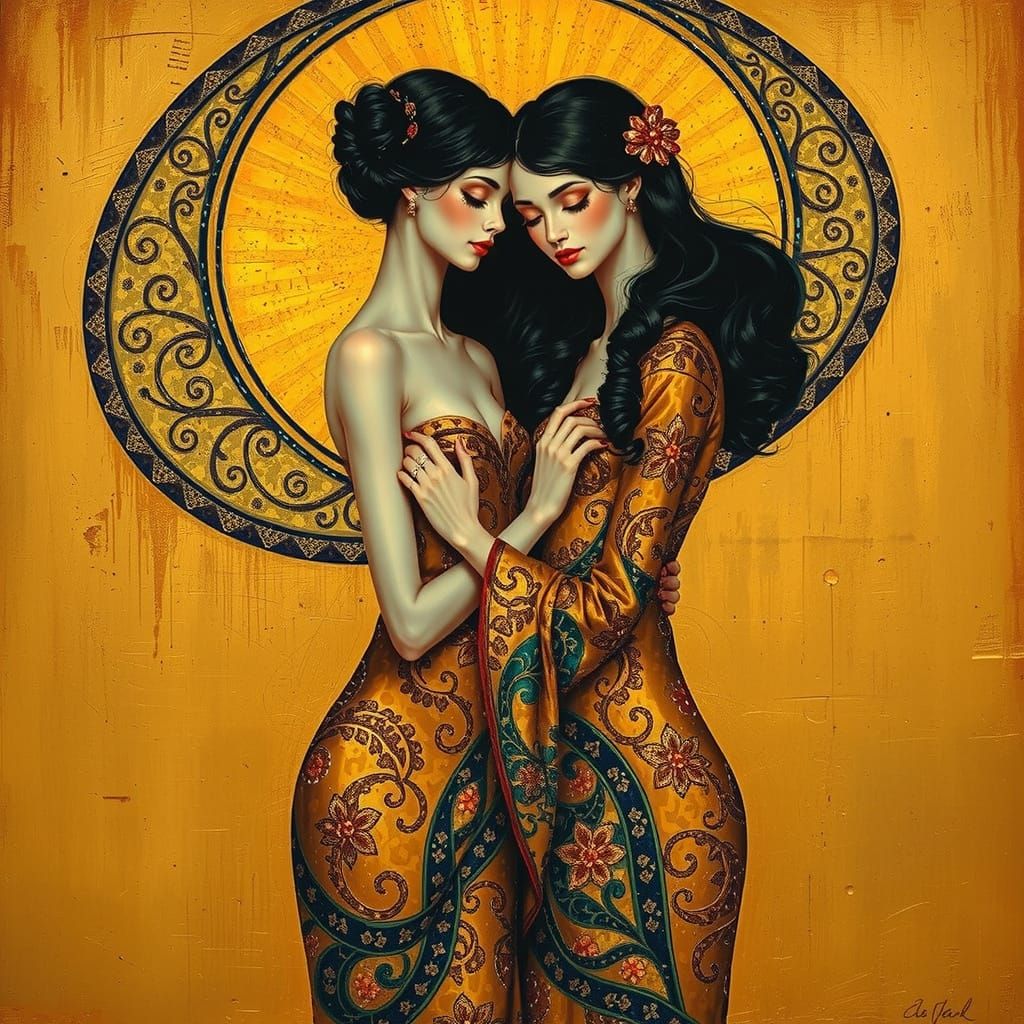 Elegant Women in Klimt-Inspired Art Nouveau Painting