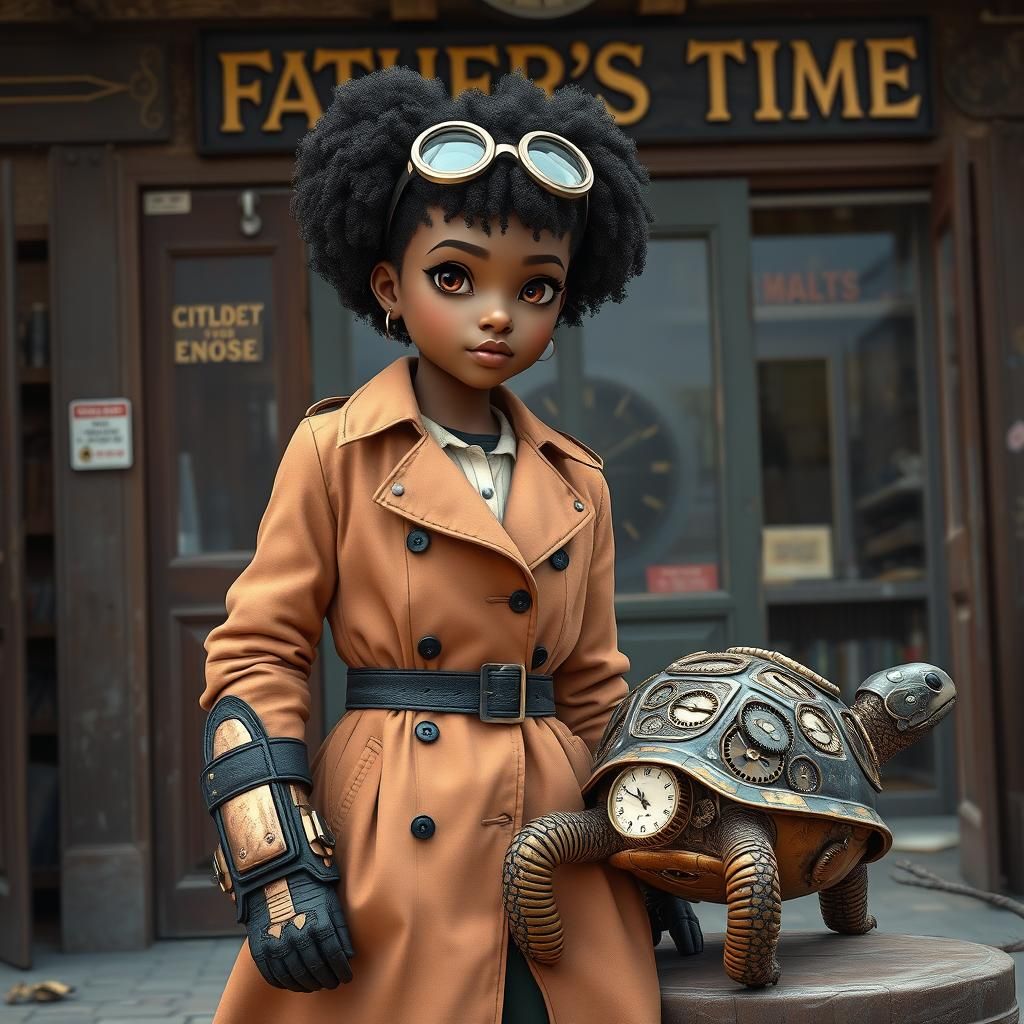 Steampunk Woman and Clockwork Turtle Outside Clock Shop