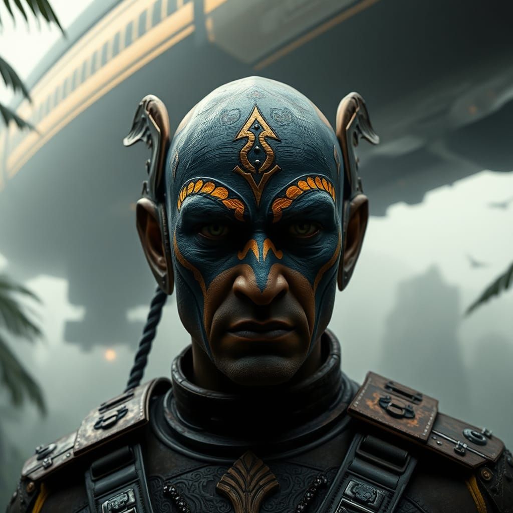 Aztec Man Under Spaceship in Cyberpunk Style