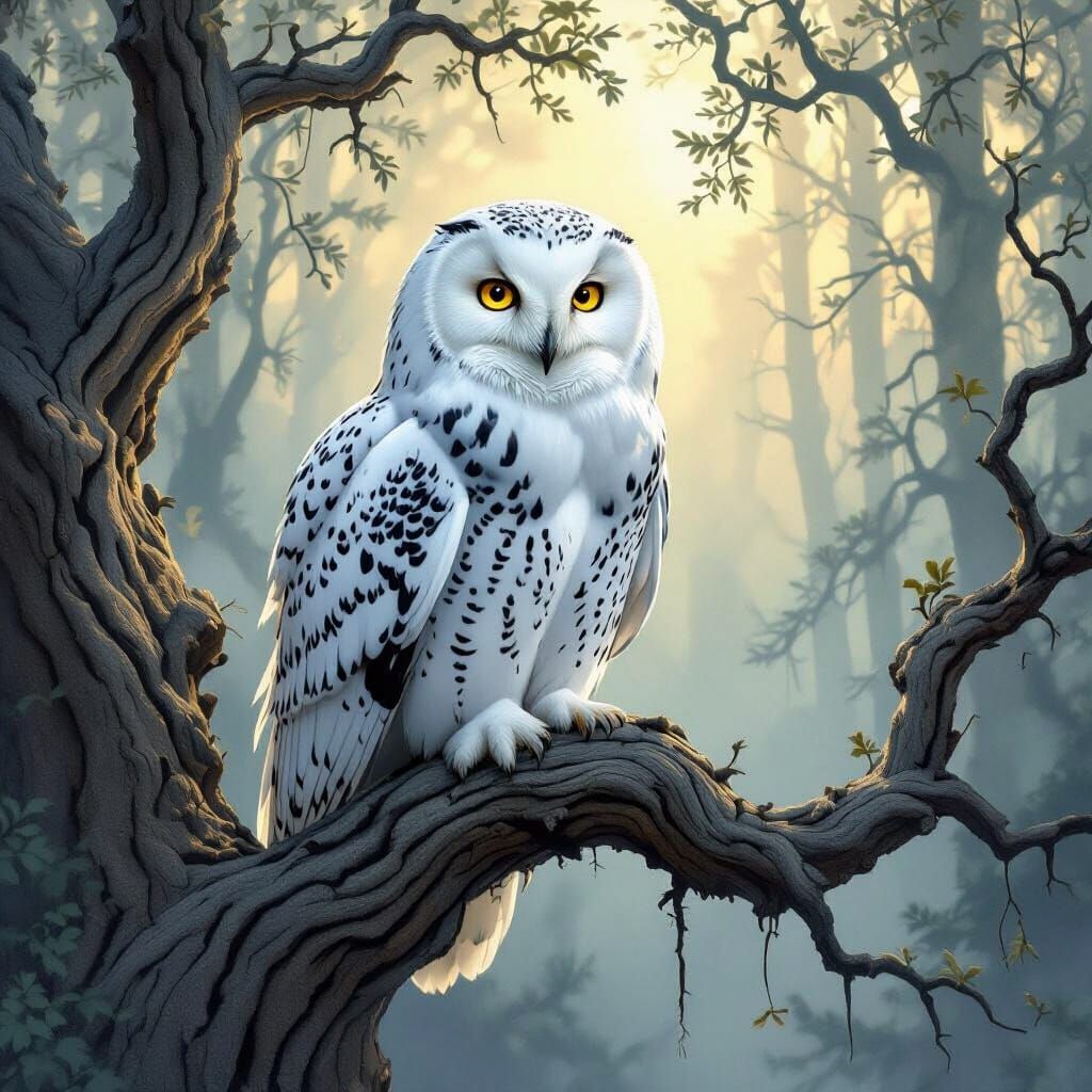 Snowy Owl in Enchanted Forest, Art Nouveau Style