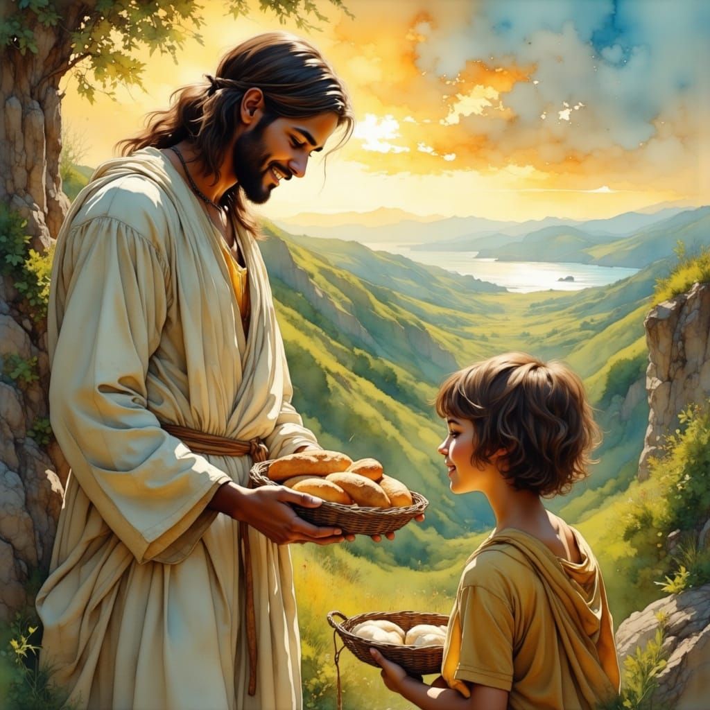Jesus Christ Receives Bread and Fish in a Serene Baroque Lan...