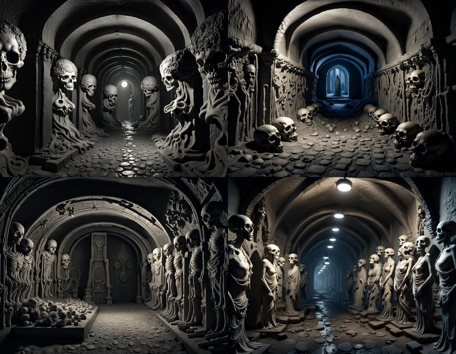 Intricate Catacombs of Paris in Horrorcore Style