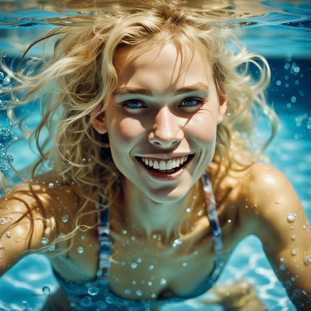 Sensual Blond Girl Portrait in Pool, Erotic Art