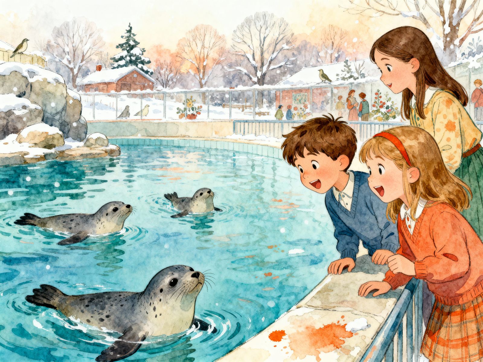 Children Watch Seals Swim on Winter Morning