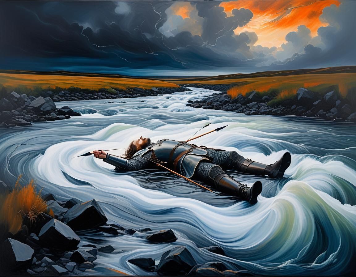 Knight's Fall: Oil Painting of River Tragedy