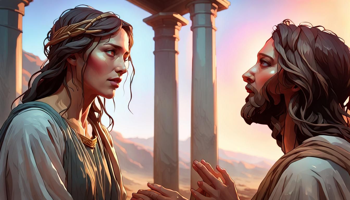 Woman at the Well Encounters Jesus: Hyperdetailed Portrait