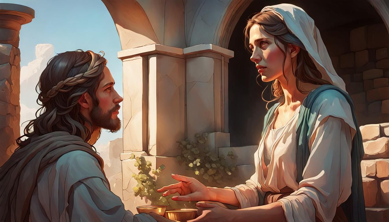 Jesus and Woman at Well: Digital Art Portrait