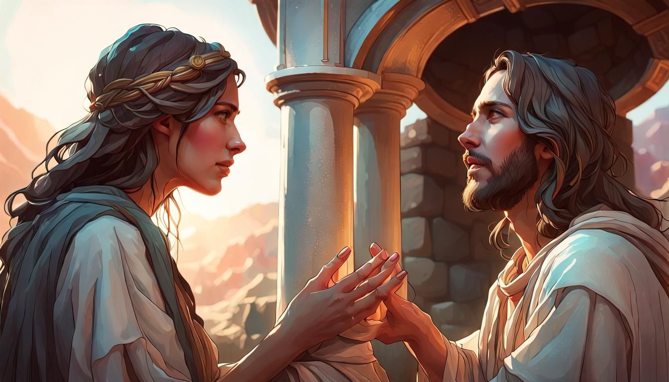 Woman at the Well Encounters Jesus: Digital Art Portrait