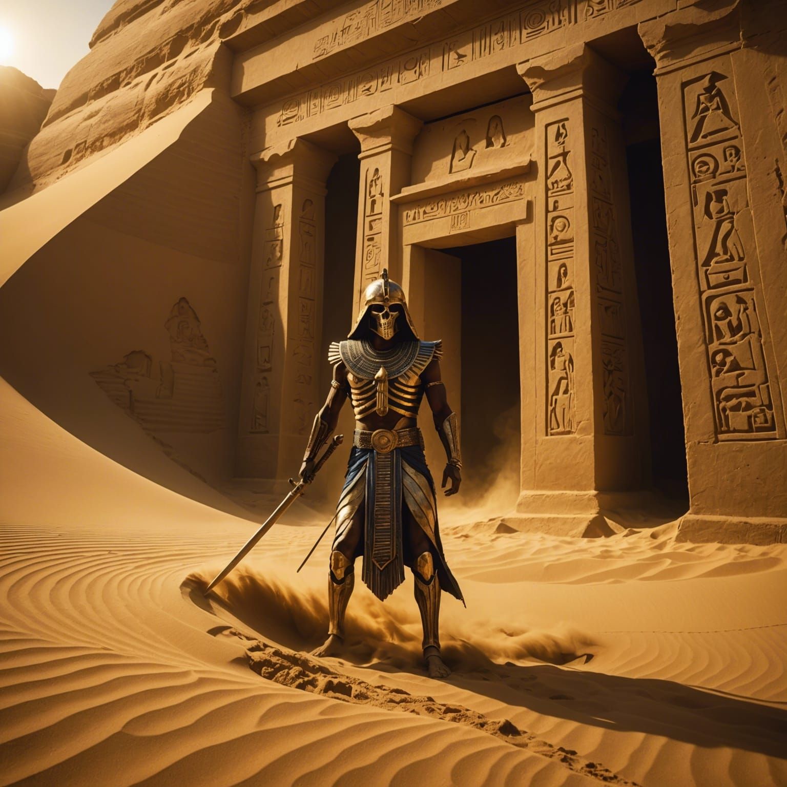 Pharaoh's Tomb: Skeletal Warrior Emerges in Golden Light