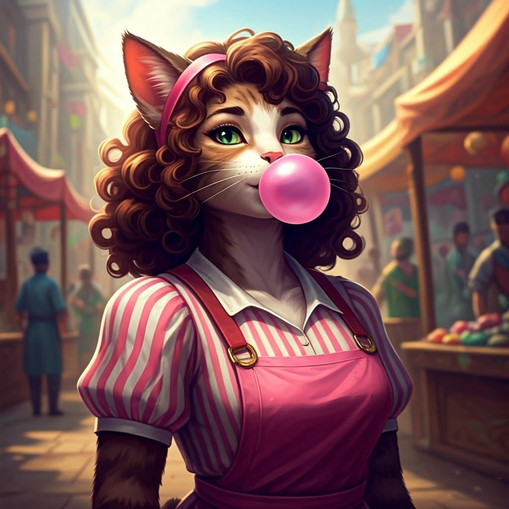Vibrant Pink Cat Merchant Blows Bubblegum Bubble in Bustling...