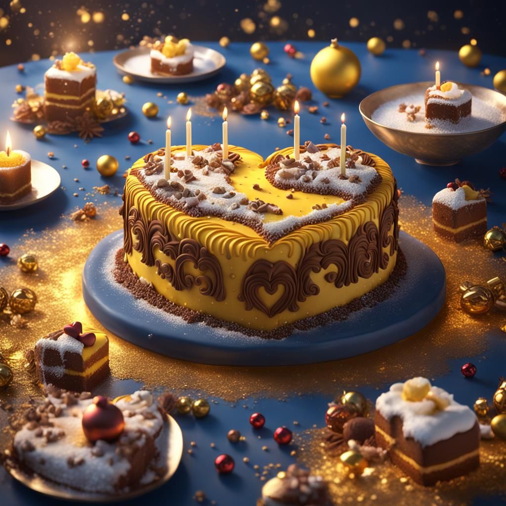 Festive Heart Cake in Detailed Matte Painting Style